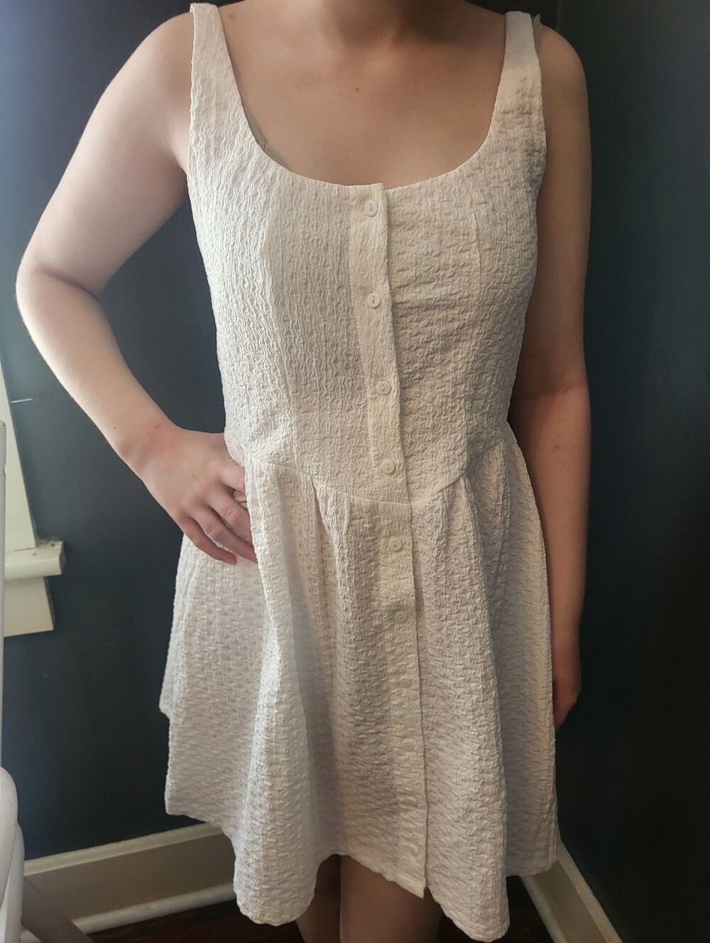 Textured Cream Button-Front Mini Dress